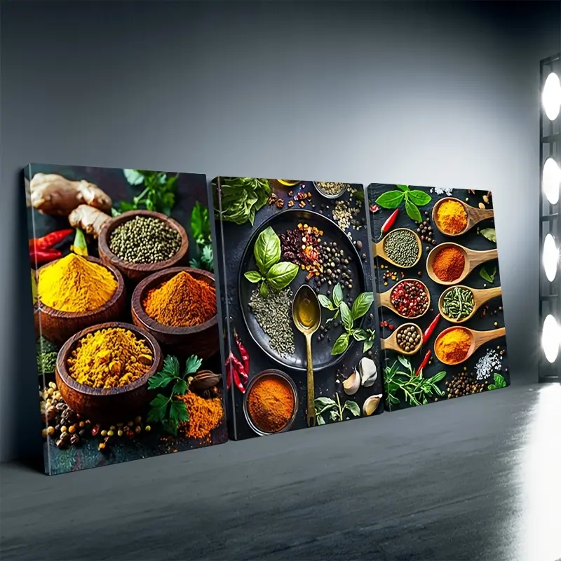 Framed, 3-piece set of modern canvas wall art decor - Bright spices, pepper, herbal kitchen items - Universal size, no power required, feather-free - Vintage home decor wall painting