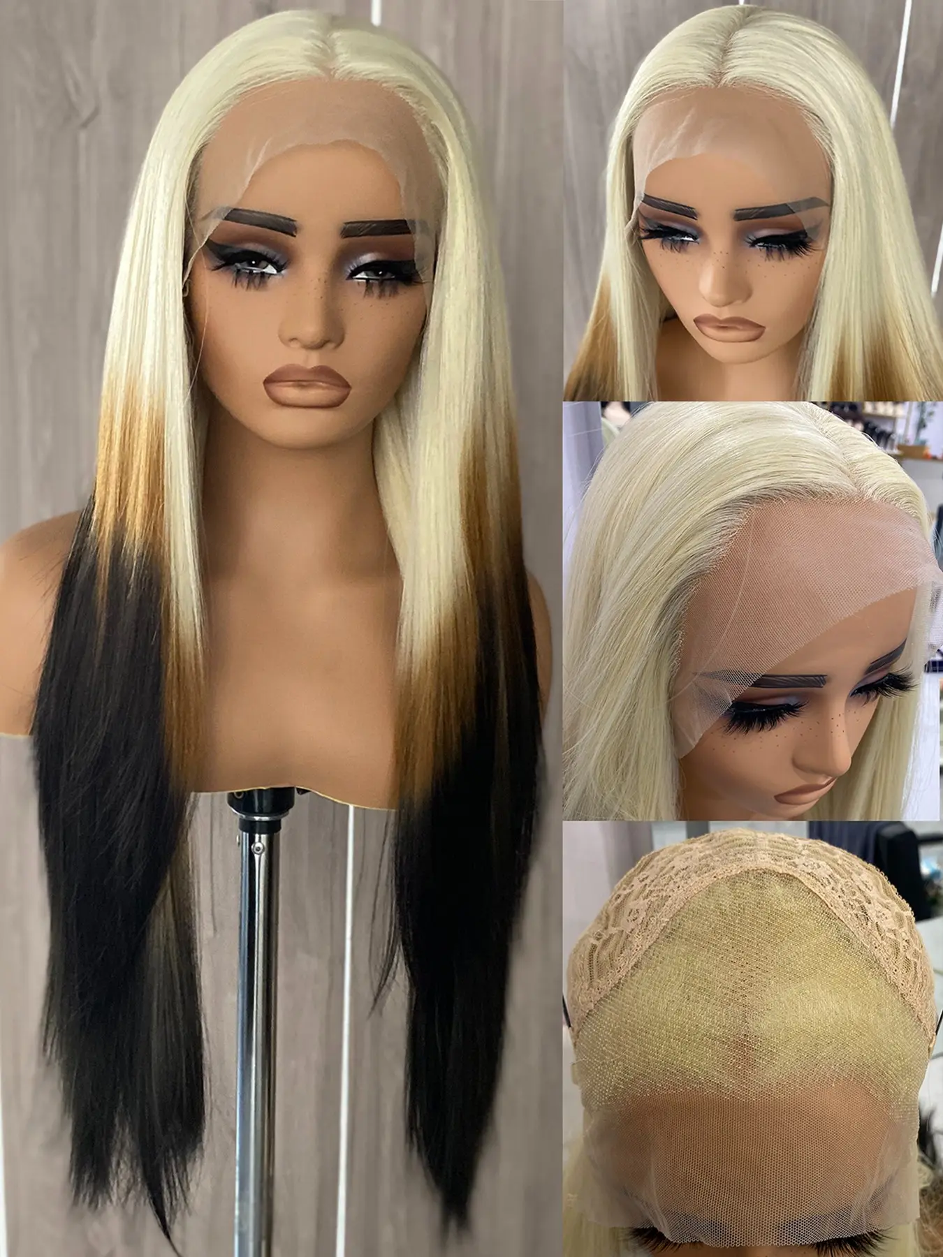 613  Colored Lace Front Wig,Light  Roots Long Silky Straight Wig for Women, Heat Resistant Synthetic Fiber Hair, Natural Hairline Daily Wear Wigs, Adjustable Strap, Halloween Party Wear, Hyperrealism Wig
