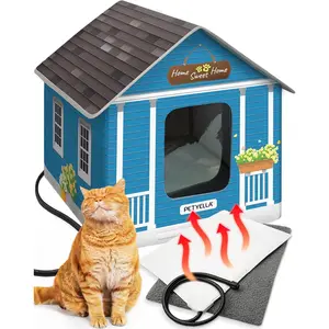 Deluxe Heated Cat House for Winter - Weatherproof Insulated Easy Assembly with Cat Heating Pad Dual Escape Doors Suitable for Both Outdoor and Indoor Use
