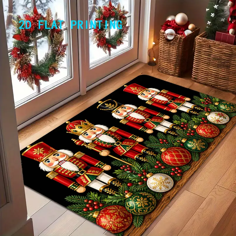 Flannel Floor Mat 1pc, Christmas Nutcracker Pattern Entrance Door Mat, Colorful Non-Slip, Machine Washable Carpet, Suitable for Home Decoration, Entryway, Hallway, Bathroom, and Balcony