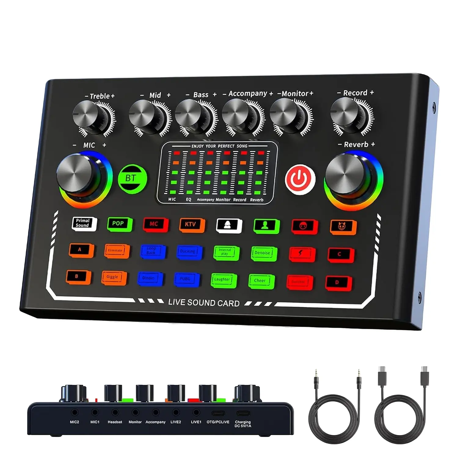F009 Professional Wireless Live Audio Card Device, Bluetooth-compatible DJ Sound Control Audio Mixer for pc with RGB Buttons, Suitable for Music Singing