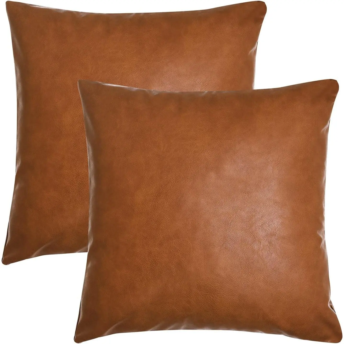 Faux Leather Throw Pillow Covers, 18 x 18 inch Set of 2 Luxury Cognac Brown Modern Pillowcases Solid Decorative Square Cushion Cases for Bedroom Living Room Couch Bed Sofa (Brown, 18" x 18")