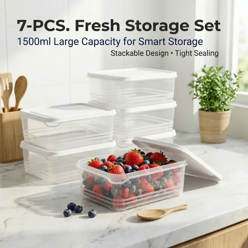 7-Pack 1500ML Transparent Food Storage Boxes, Large Capacity Stackable Rectangular Containers, Ideal for Refrigerator Freshness Preservation