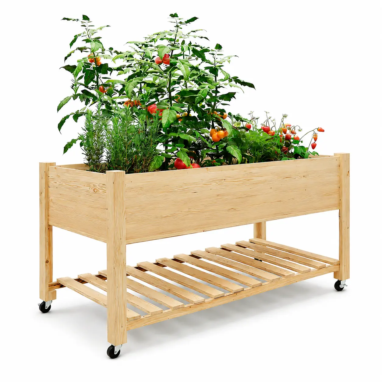 Mobile Raised Garden Bed with Lockable Wheels, 48x24x30 in Elevated Wooden Planter Box, 9 Cu Ft Outdoor Herb & Vegetable Garden Container with Liner, Storage Shelf, Rolling Patio Planter for Backyard, Deck, Deep Root Herbs, Flowers & Strawberries