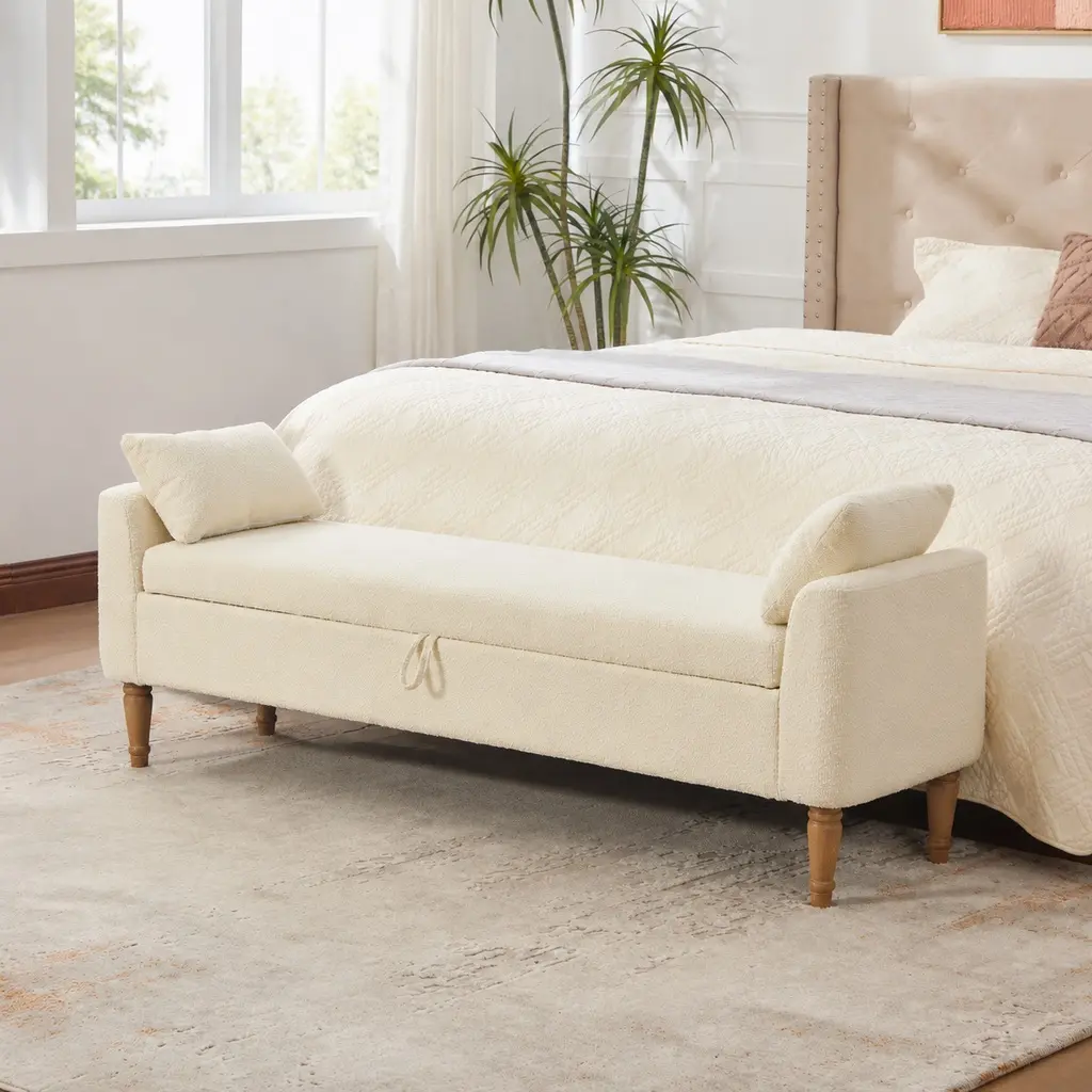 ARCH 65.94" Wide Modern Upholstered Storage Bench with Armrests and 2 Bolster Pillows, Boucle Fabric Foot Stool with Rubberwood Legs, Bed End Bench with Hidden Storage for Living Room Entryway Bedroom, Beige/Charcoal/Ivory Options