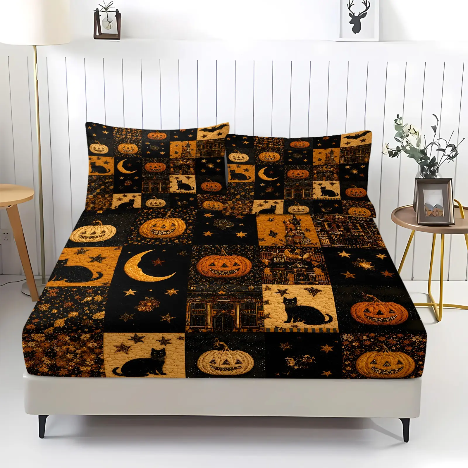 Vintage Patchwork Halloween Fitted Sheet Set, Retro Black Cat Pumpkin Bedding Set, 1 Fitted Sheet & 2 Pillowcases No Filling, Spooky Antique Holiday Decor for Gothic Lovers Bedroom Home Decor, Bed Sheets
