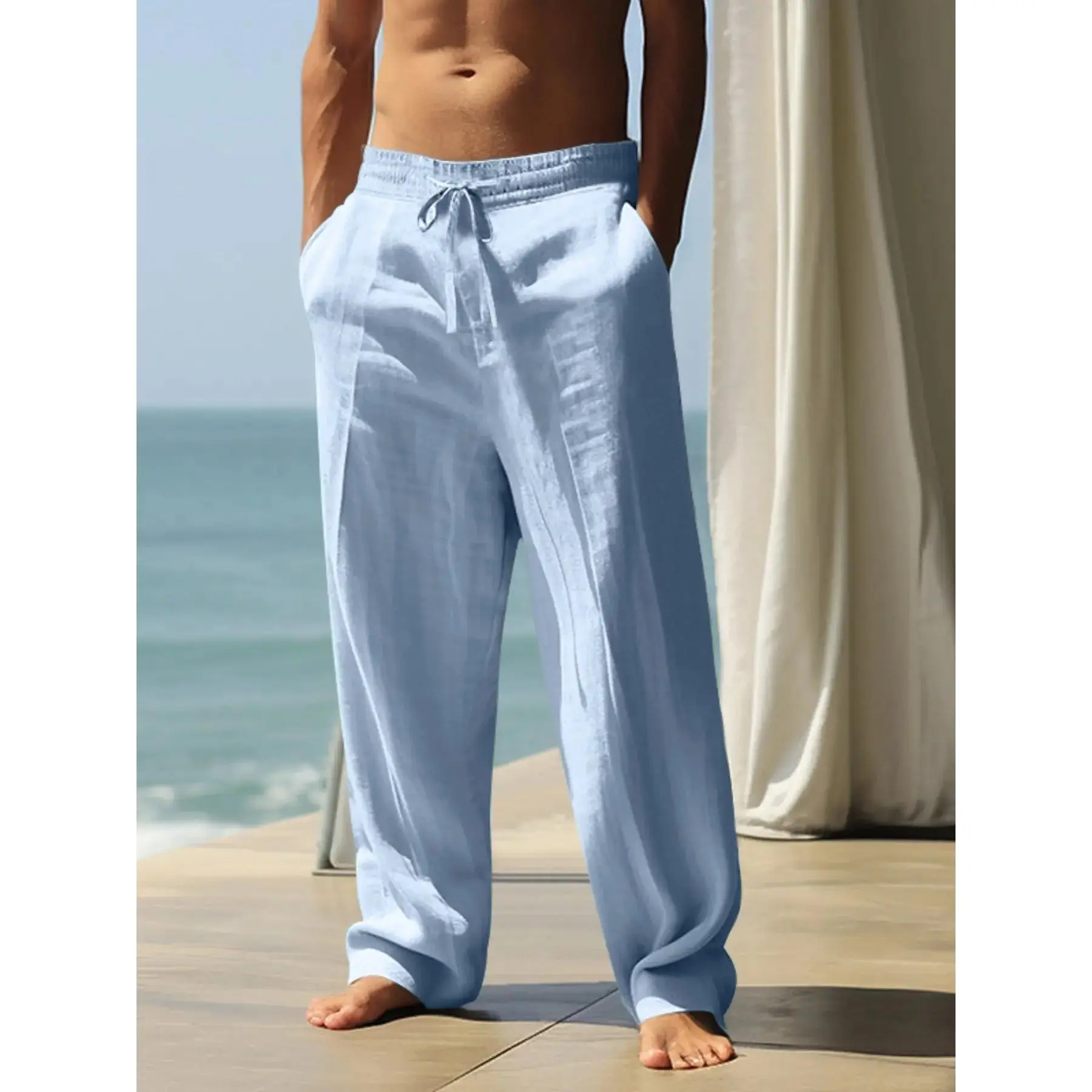 Men's Solid-Color Baggy Linen Pants - Below the Ankle, Light-Colored Washed, Beach Aesthetic, Straight-Wide Leg, Pockets, Comfortable Summer Daily Casual Bottoms, Baggy Linen Men's Pants, Comfortable Beach Pants