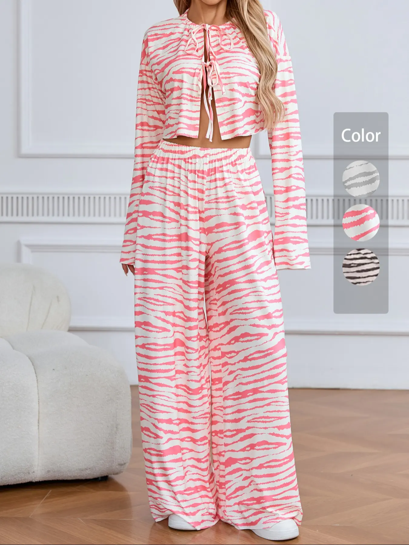 Women's Leopard Print Knit Pants Set Top, Casual Loose-Fitting Long Sleeve Drawstring Waist, Fall & Winter Fashion, 2 Piece, Striped Printed Set