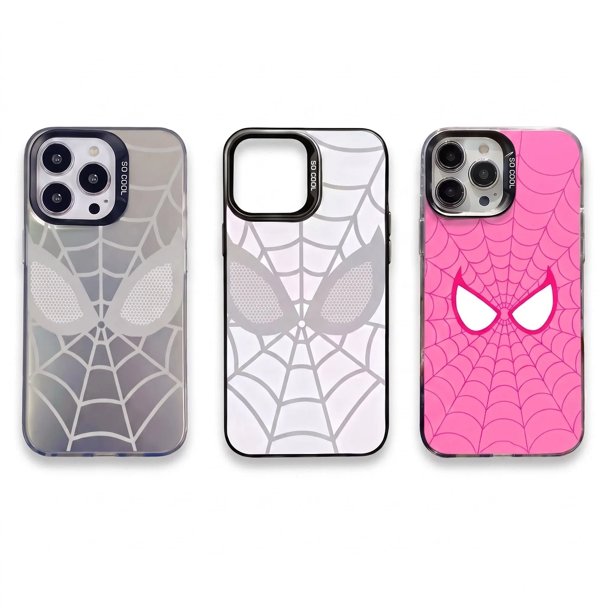 Y2K Coquette Spider Gwen Spider Web Print Shockproof Anti-Slip Clear iPhone Case, 3 Color Holographic Pink Silver Spider Mask Aesthetic Transparent Protective Phone Cover Fit iPhone 11-17ProMax