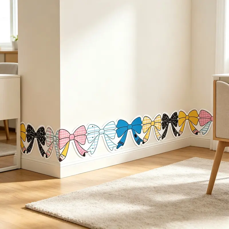65FT Pastel Bow Wall Border Roll, Scalloped Wavy Edge Decorative Wall Trim Paper (No Adhesive), Aesthetic Home Room Wall Accent, Multi-Use Decor Strips For Bedroom, Living Space, Classroom Door, Blackboard And Bulletin Board Layout