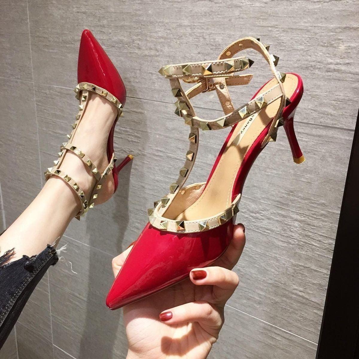 Fashionable Pointed Toe Stiletto Sandals for Women Fairy Style Studs Versatile Spring High Heels Large Sizes