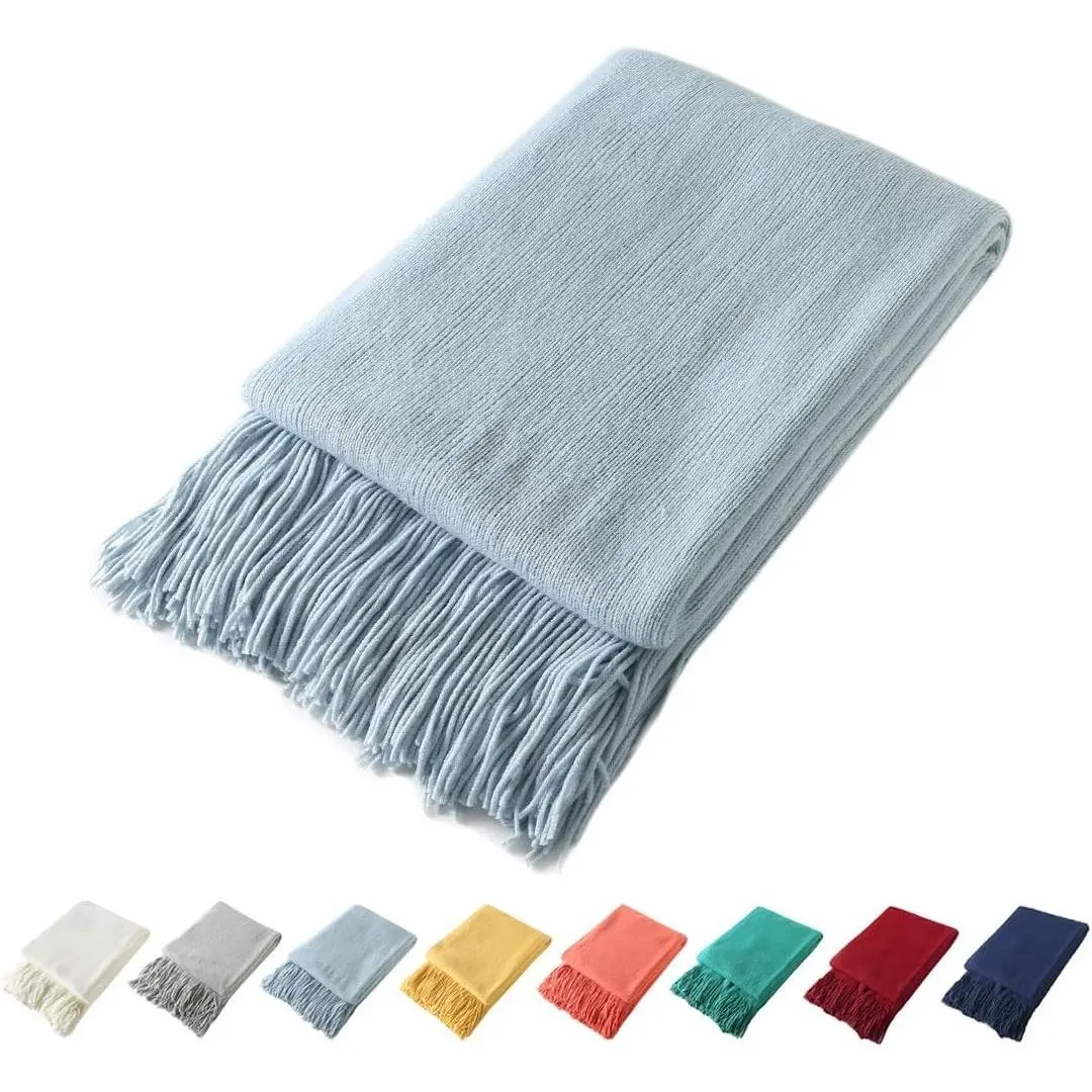 Solid Pale Blue Acrylic Knitted Throw Blanket with Fringe, 50x60 in, Lightweight, Breathable, All-Season, Machine Washable, Wrinkle & Fade Resistant, for Couch & Sofa