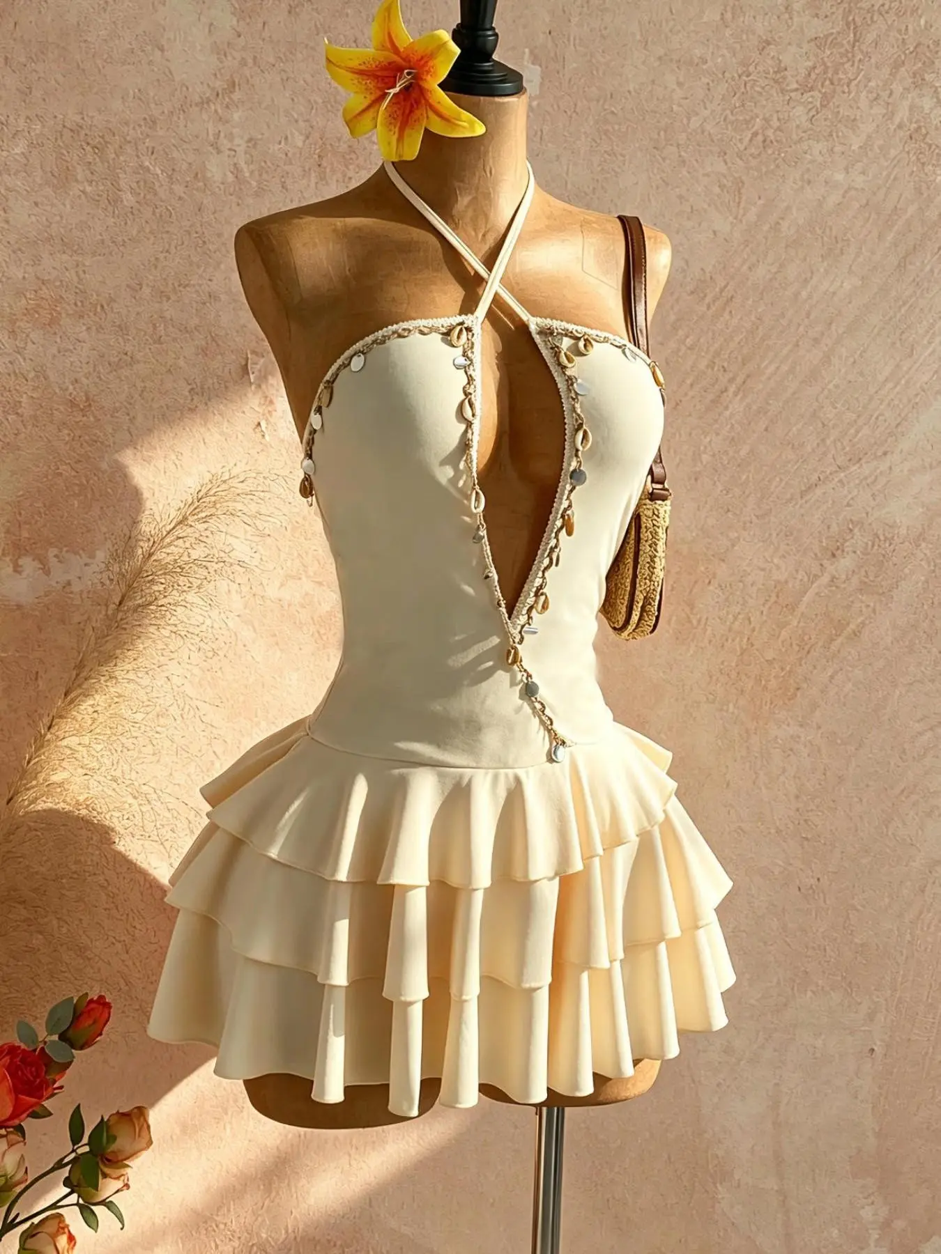 Summer Halter Cross Strap Mini Dress, Cream Fabric Deep Cut V Neck Shell Bead Chain Decoration Tiered Ruffle Hem Slim Skirt For Beach Vacation Resort Brunch Coastal Sightseeing Tropical Slow Travel Matching Outfits For Women