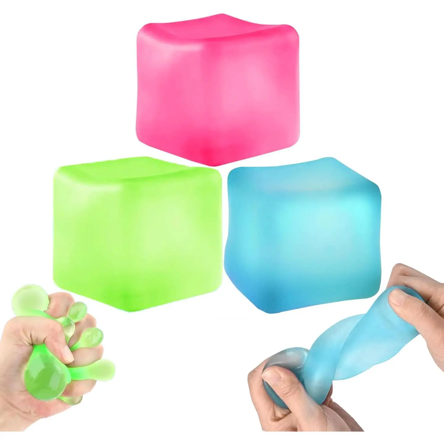 3Pcs Stress Cube Squishy Toys, Slow Rising Ice Cube Stress Balls, Sensory Fidget Toys  Anxiety Relief, Sensory Ice Cube Gel Filled Squishy Ball Toys  ADD/ADHD Kids Adults(Blue, Green, Pink)
