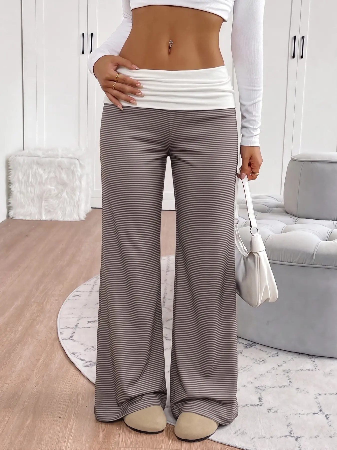 Pink and white striped fold-over waist casual pants, soft and comfortable stretchy casual pants, cozy loungewear street style, women's home wear, available in brown/pink #stripedpants