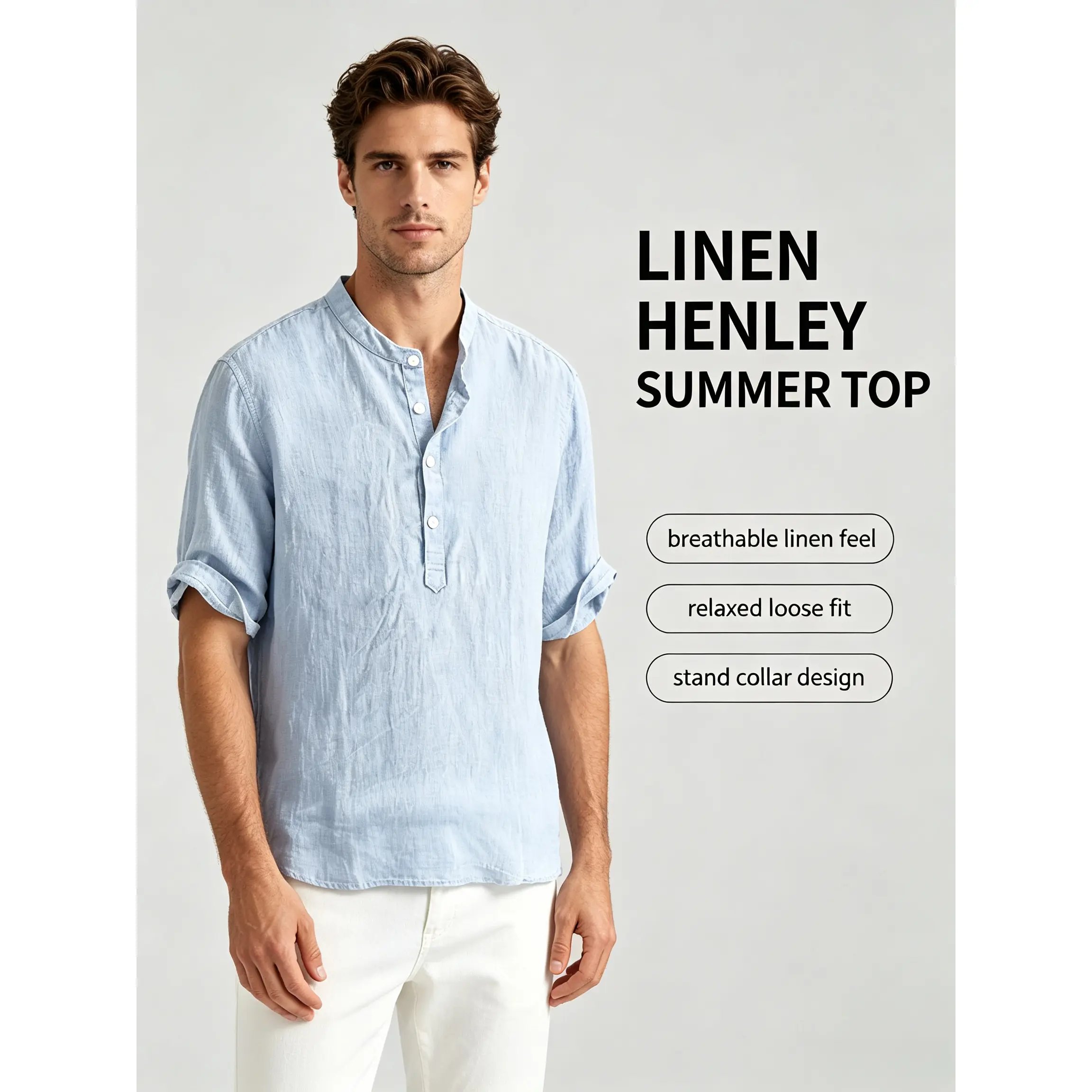 Men's 95% Linen Henley Shirts - Relaxed Fit, Short Sleeve, Stand Collar, Breathable Lightweight Solid Colors Tops with Henley Placket, Machine Washable, Full Sizes S-6XL Summer Casual Tees, Outfits Inspo,austin