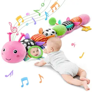 Musical Caterpillar Plush Toy Soft Stuffed Animal with Mirror Crinkle Paper Rattle Teether Tummy Time Play Toy for 0-12 Months Newborn Infant Baby Shower Gift for Boys Girls Pink