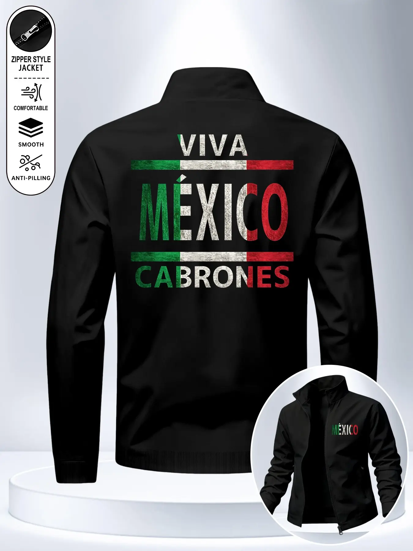 Men's Zipper Stand Collar Thin Long Sleeve Jacket, Viva Mexico Retro Print Coat, Comfortable Fashion High-Quality, Ideal for Daily Wear and Gifting