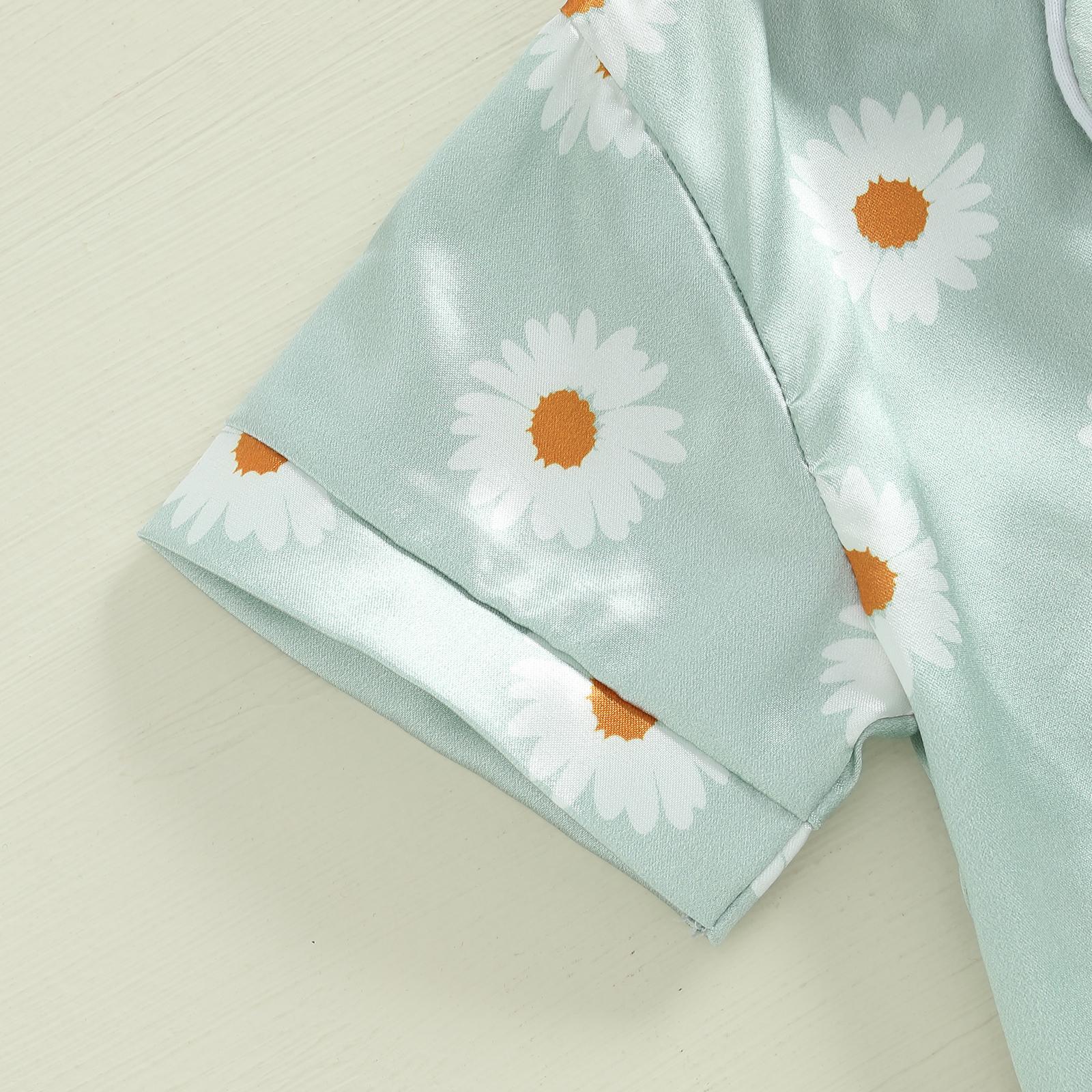 Boy Girl Summer Satin Pajamas Set Floral/Animal Print Short Sleeve Lapel Button Down Tops with Shorts Sleepwear