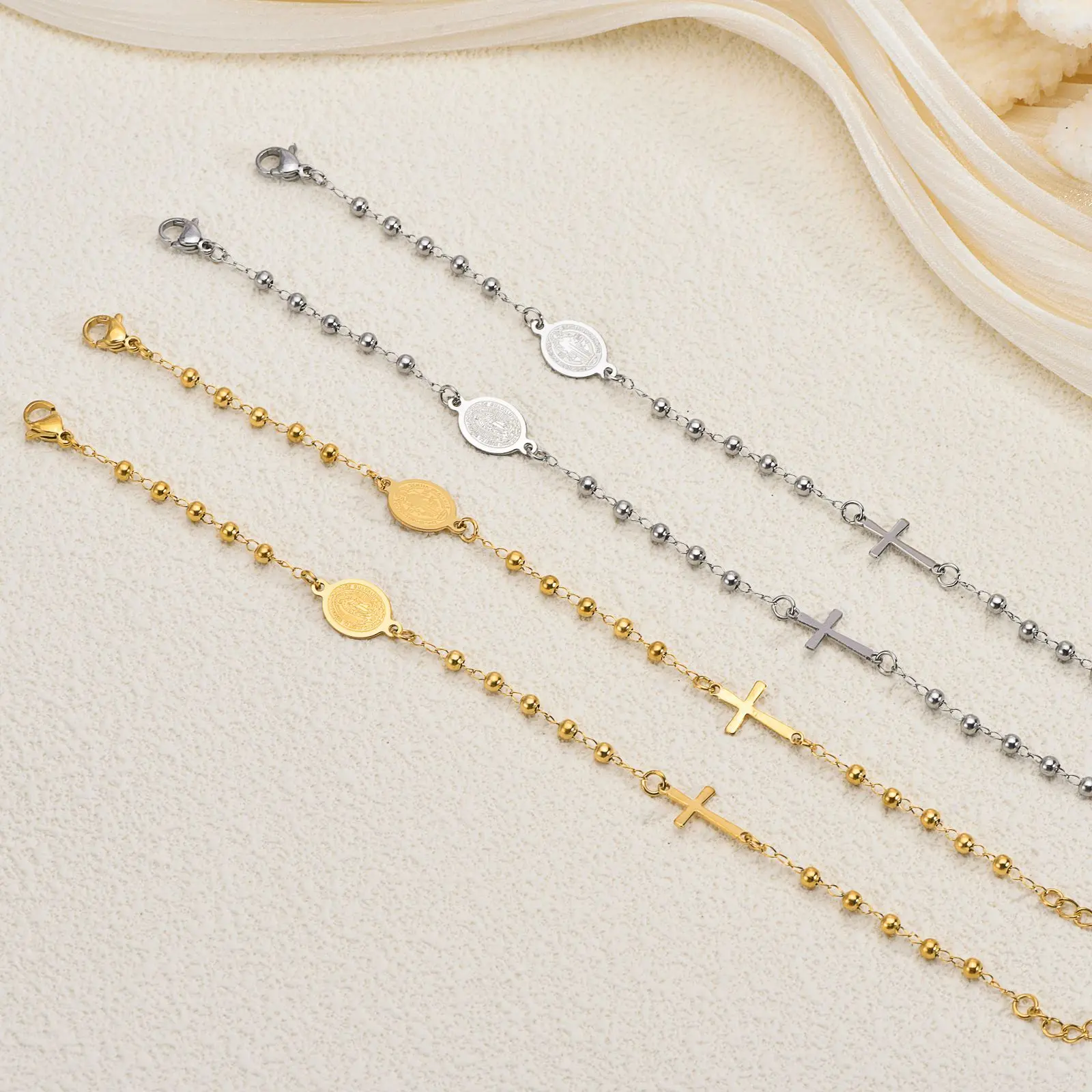 Catholic Rosary Bracelet for Women, Cross & Virgin Mary Medal Charm Bracelet, Gold or Silver-Tone Beaded Faith Jewelry Gift Viral Faith Bracelet, Dainty Cross & Virgin Mary Charm Jewelry for Women, Gold or Silver-Tone Rosary Style Bracelet Gift