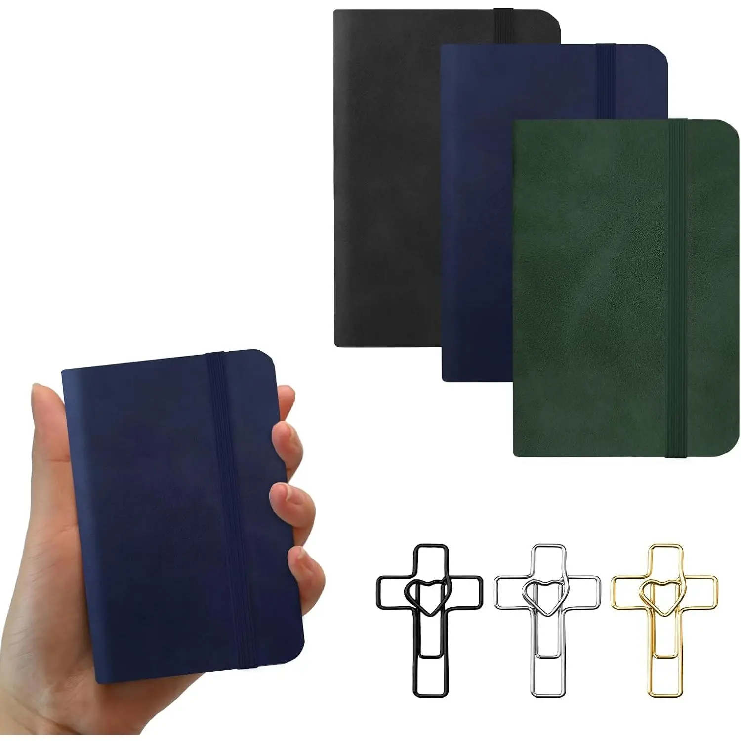 3-Pack Mini Leather Hardcover Pocket Notebooks with Elastic Closure, Modern 4.3"x3.1" A7 Size, 200 Pages College Ruled Line Paper, Office Stationery for Men & Teens (Black, Green, Blue)