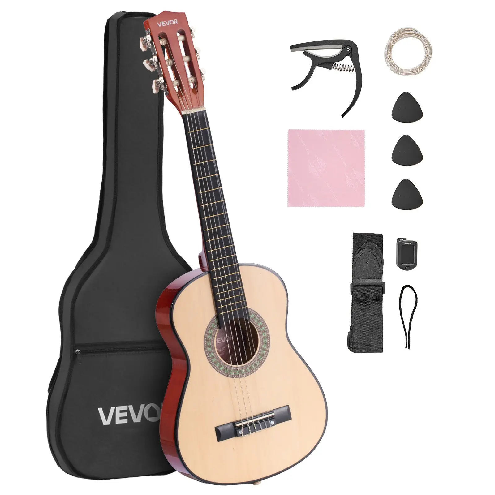 VEVOR Classical Guitar, 30 Inch, Wood Classical Guitar Starter Kit for Beginners, with Nylon Strings, Gig Bag, Strap, Tuner, Extra Strings, Picks, Capo, Basswood, for Kids Girls Boys Students, Natural