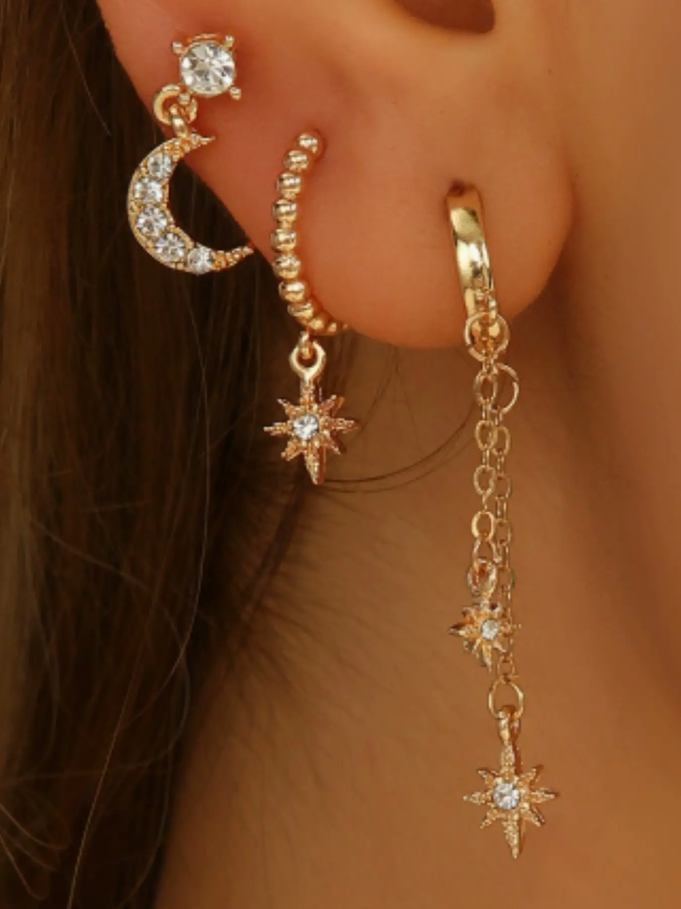 European and American Style Star Moon Chain Fringe Earrings, Hexagram Zircon Ear Studs Set, Fashionable Women's Jewelry Accessories