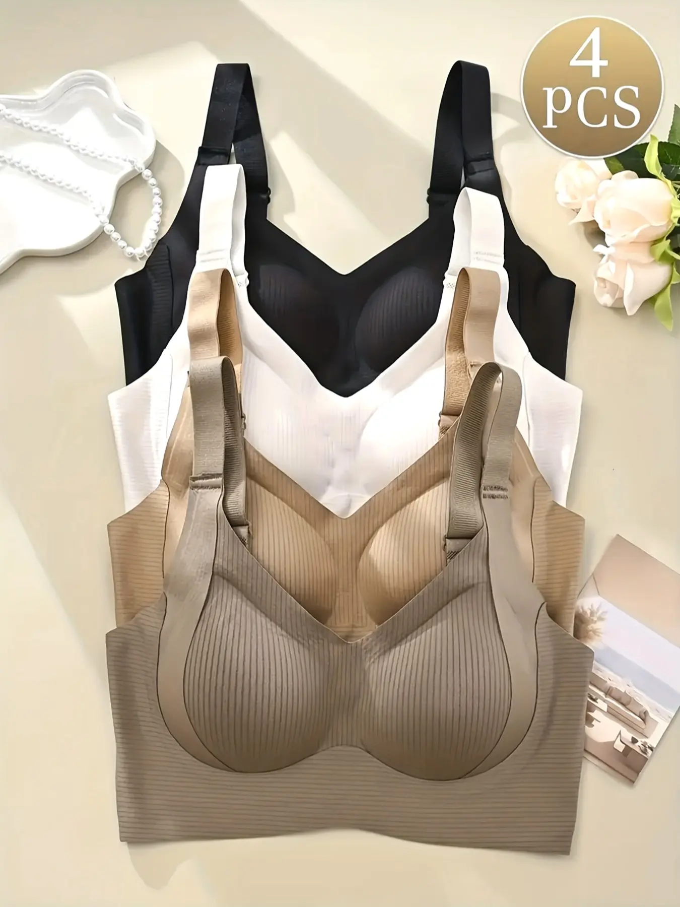 Women's Full Coverage Adjustable Padded Bra Set, 4-Piece Pure Color Wireless Underwear, Anti-Sagging Large Bust Support