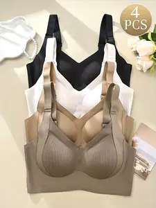 Women's Full Coverage Adjustable Padded Bra Set, 4-Piece Pure Color Wireless Underwear, Anti-Sagging Large Bust Support