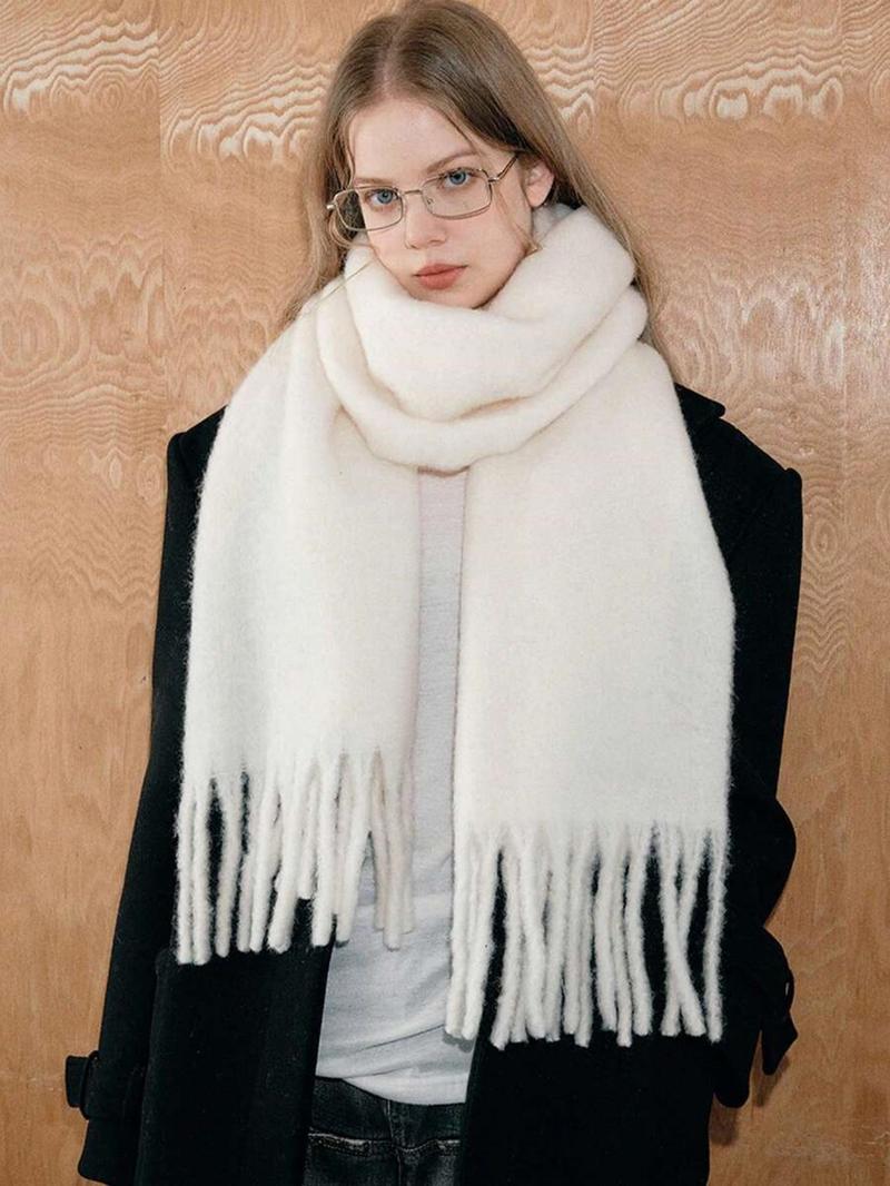 Solid Color Tassel Decor Fluffy Soft Scarf, Elegant Thickened Shawl for Women & Men, Fashion Accessories for Fall & Winter