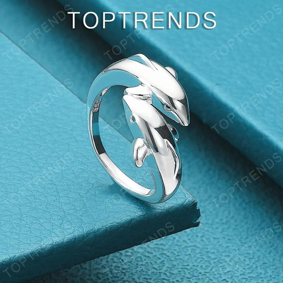 Fine 925 Sterling Silver Double Dolphin Open Ring Cute Creative Jewelry Accessories For Women Engagement Wedding Birthday Party