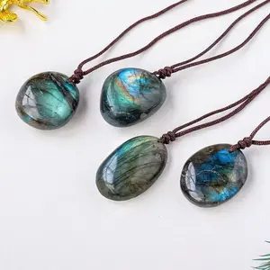 Natural crystal blue light labradorite raw stone pendant, polished irregular moonstone necklace jewelry wholesale gift birthday halloween