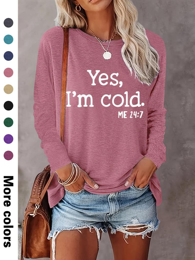 Women's Letter Print Round Neck T-shirts, Casual Long Sleeve Crew Neck T-shirts for Spring & Fall, Fashion Women's Top for Daily Wear