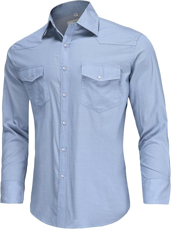 COEVALS CLUB Men's Denim Western Cowboy Pearl Snap Casual Button Down Up Long Sleeve Soild Work Shirt