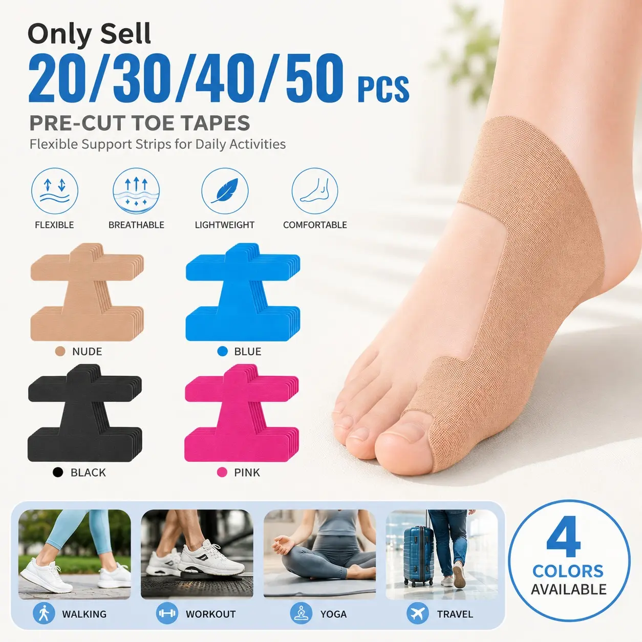 20/30/40/50 PCS Pre-Cut Kinesiology Sports Tape for Big Toe, Elastic Breathable Self-Adhesive Support Strips for Women and Men, Daily Walking, Exercise and Travel
