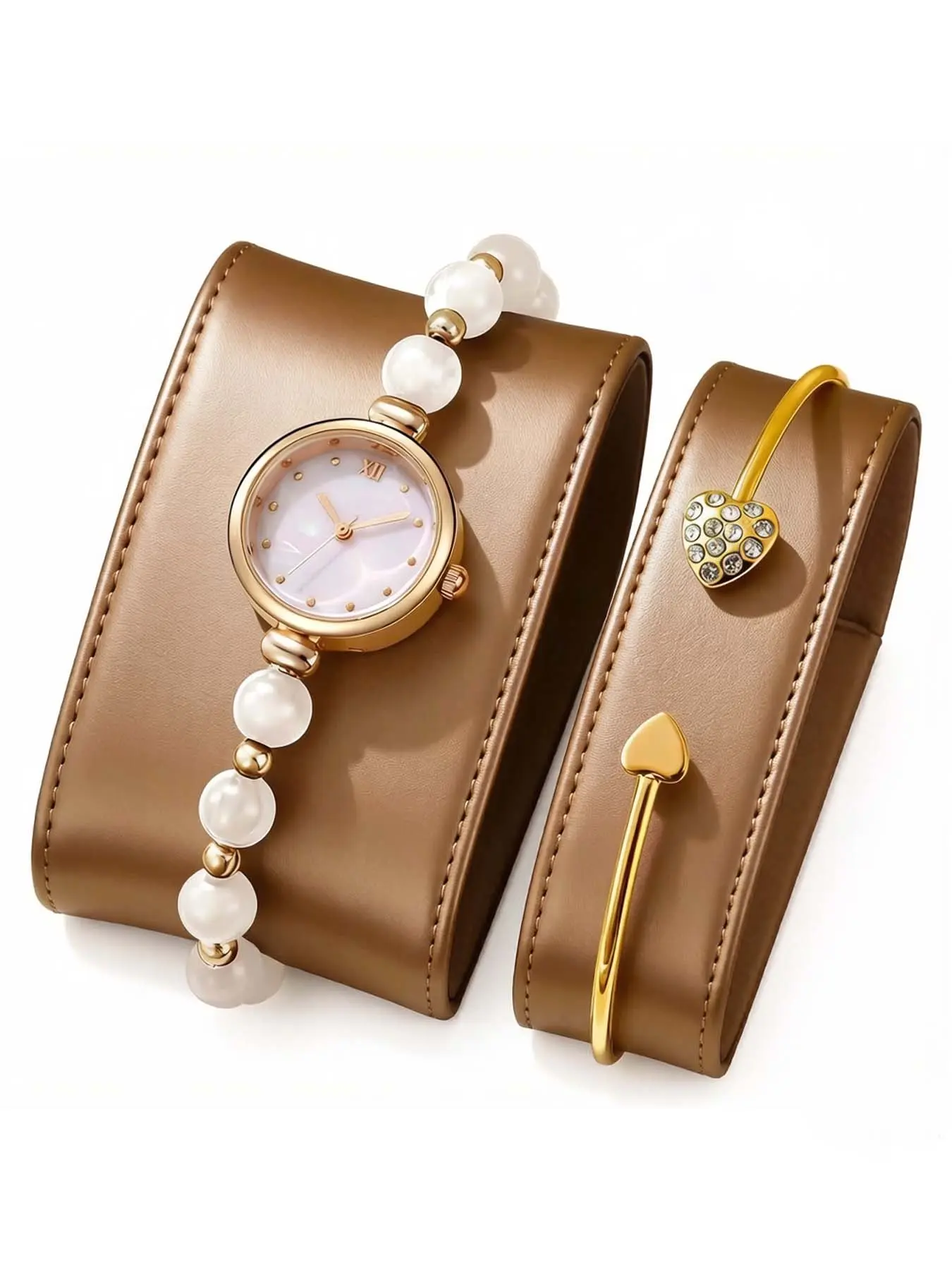 2-piece set of pearl bracelet, fashion rhinestone ladies' quartz watch with round mother-of-pearl dial, slim pull-out watch wristwatch set