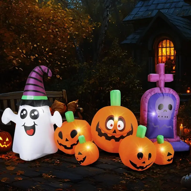 Halloween Decorations Outdoors 8FT Long Inflatable Pumpkin with Ghost and Skull Tombstone Scary Blow Up Halloween Pumpkin Decoration for Party Garden Lawn Decor