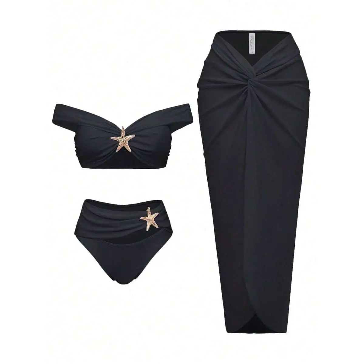 Black Off Shoulder Starfish Decor Bikini Set With Twist Front Cover Up Skirt