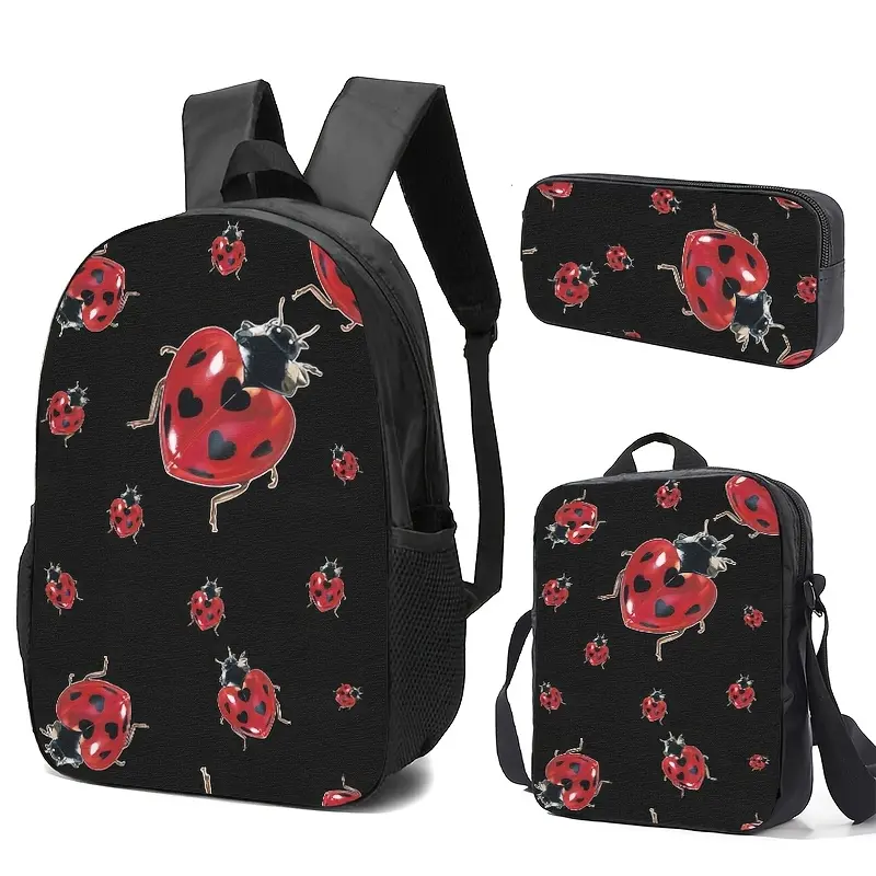 Ladybug Print 3-Piece Synthetic Backpack Set with Lunch Box & Stationery Box - Large Capacity, Built-in Organizer, Durable, Fade-Resistant, Lightweight, Foldable, Adjustable Strap, Hand Wash Only - for Back to School Haul, Business Trips