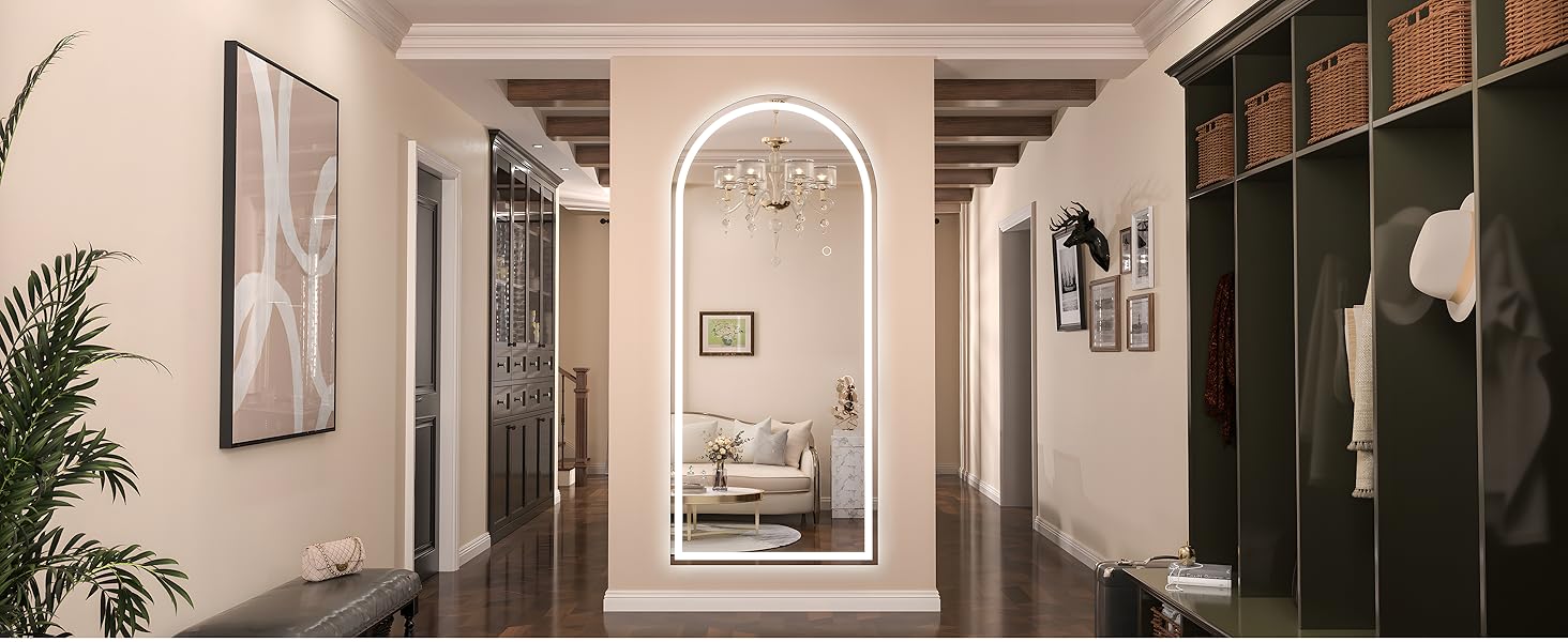 71" x 26" Led Mirror Full Length,Full Length Mirror with Lights Arch Design, 16"x 59"Tempered Glass,Shatter-Proof, Dimming & 3 Color Modes for Bedroom Cloakroom-UL 64" x21" Right Angle Mirror Full Length, Full Length Mirror with Lights Arch Design