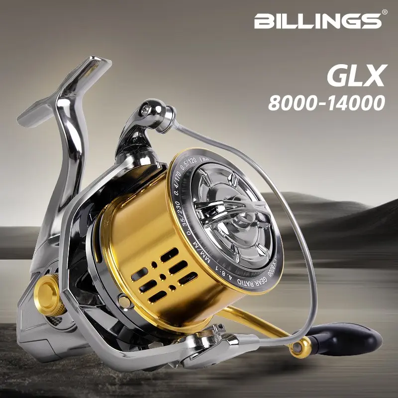 Billings Glx 8000-14000 Series Casting Reel, 4.8:1 Gear Ratio, 6+1 Bearings, 44lb Brake Force, Metal Body, Saltwater & Freshwater Fishing