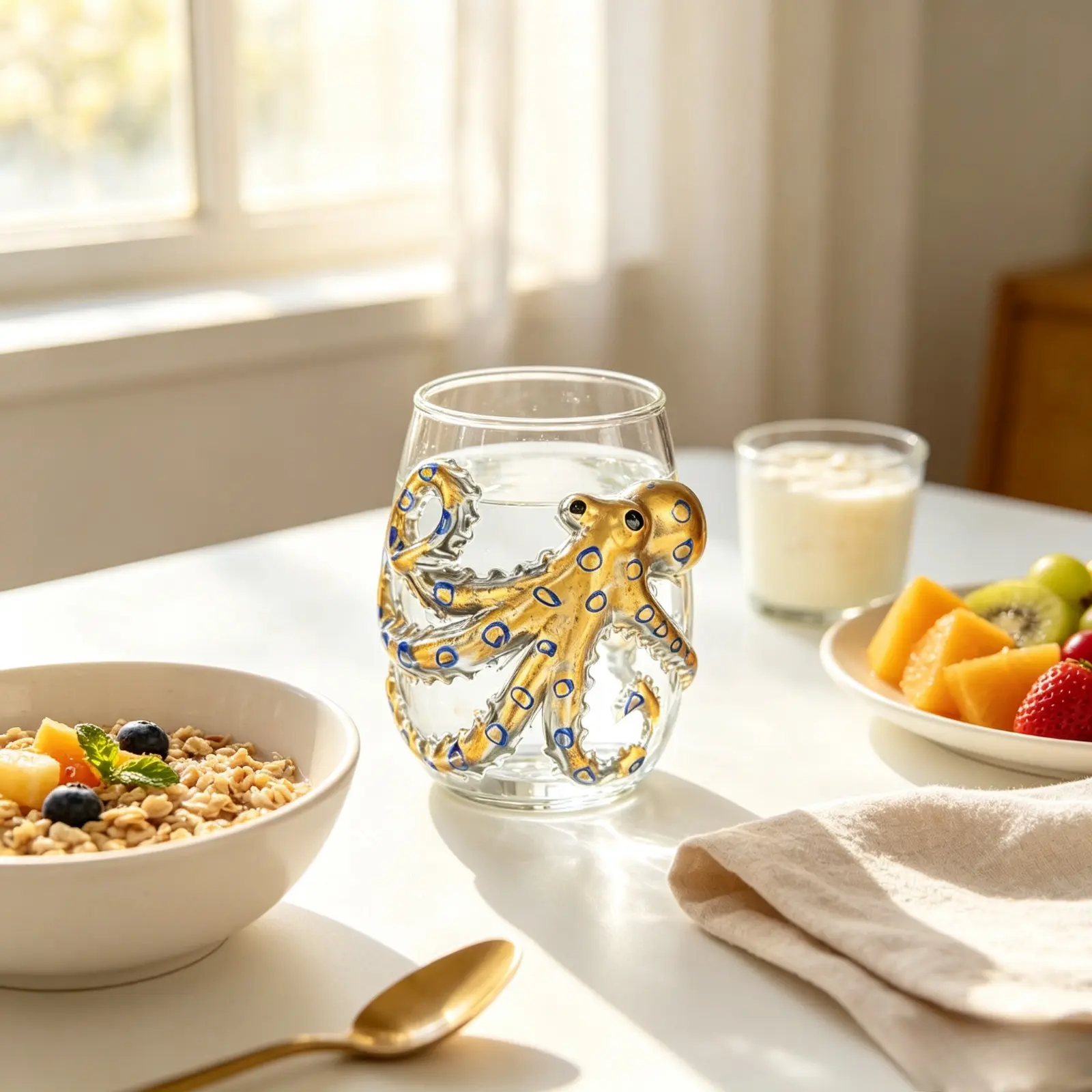 Artisanal Blue Ringed Octopus Glassware, 3D Octopuses Stemless Wine Glasses, Handcrafted Marine Animal Bar Glass for Coastal Home Decor Ocean Lovers (Octopus-A)