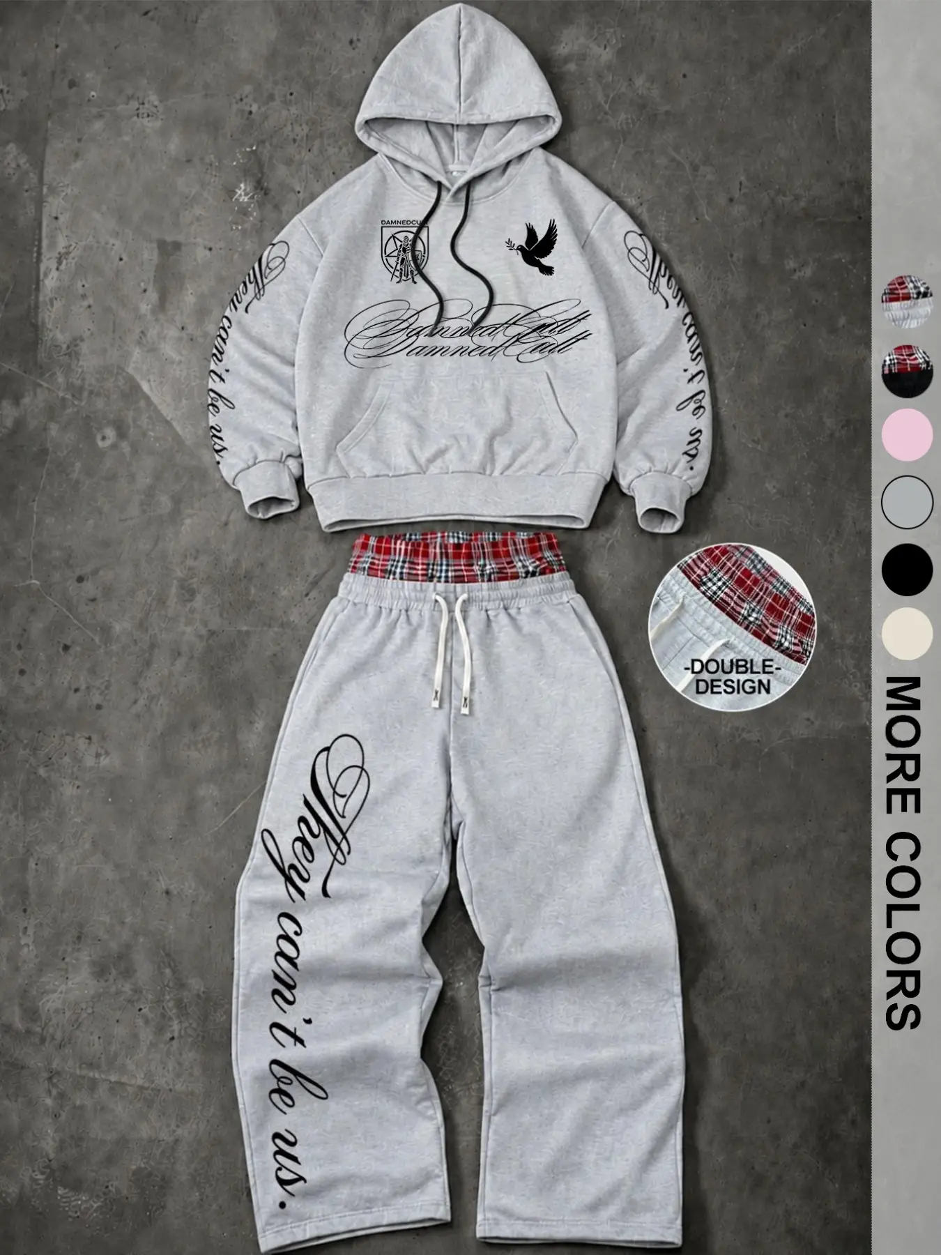 Men's American Retro Floral English Dove Hoodie Set, Knitted Plaid Double Layer Waistband Wide Leg Sweatpants, Trendy Two-Piece