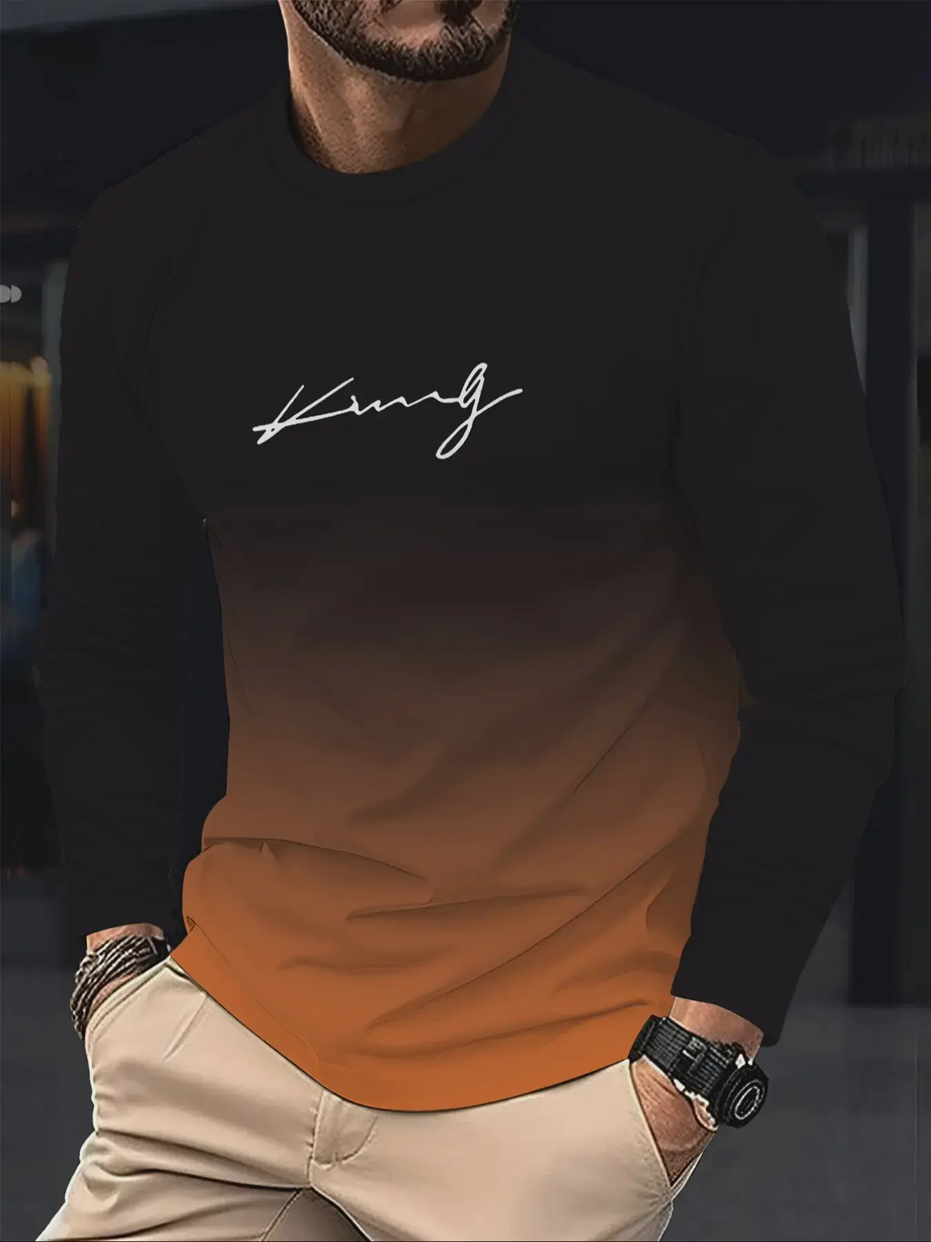 Men's Casual Basic Classic Long Sleeve Fitted T-Shirt, Ombre Gradient Color, All over Print, Spring & Fall Fashion, Casual Print Tee