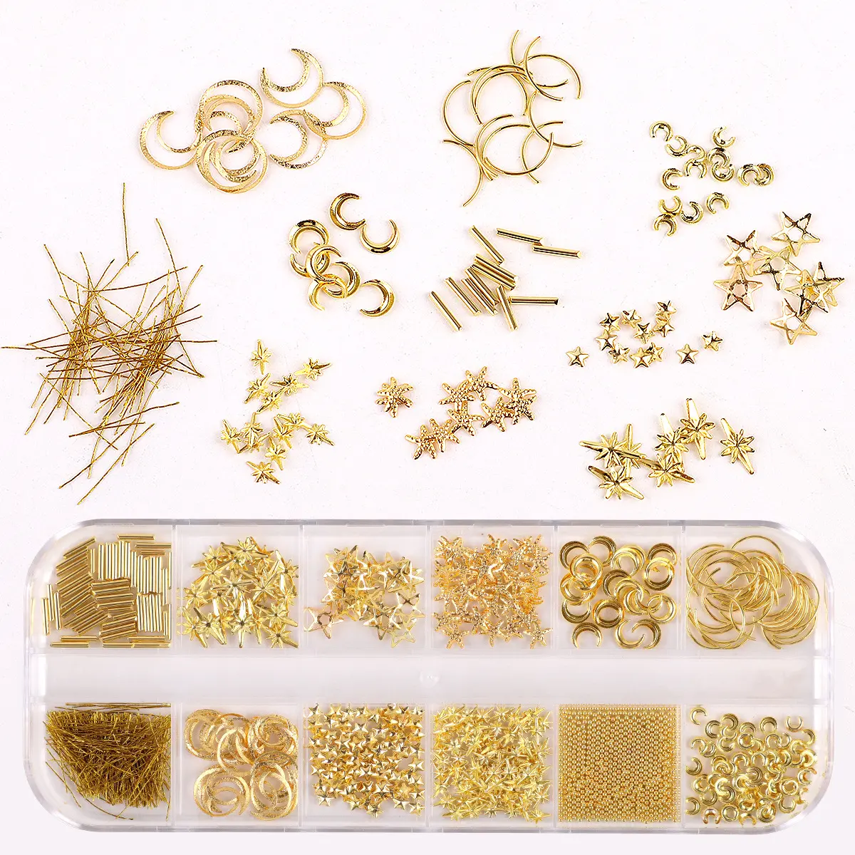 Bow Rice Bead Nail Metal Studs Long Box, Silver & Gold Nail Rivets, Half Beads, Round Beads & Butterfly Metallic Nail Flakes, 3D DIY Nail Art Decorations