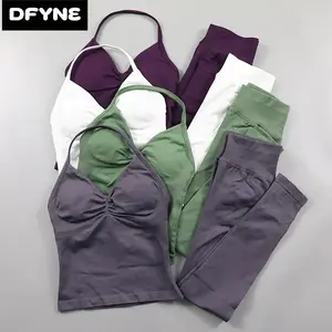 DFYNE 2 Piece Seamless Workout Set for Women| Longline Strappy Crop Tank Top & High Waisted Scrunch Bum Gym Leggings| Yoga Outfit