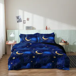 3 Pieces Dark Blue Galaxy Golden Moon Star Print Duvet Cover Set, Night Sky Gold Swirl Star Celestial Printed Bedding, Dreamy Starry Bedding For Bedroom Home Decoration, Multiple Sizes Available (1 Duvet Cover + 2 Pillowcases, No Comforter No Pillow)