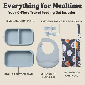 Baby Travel Essentials 6 Pc Silicone Feeding Set - Portable Toddler Plates with Suction, Baby Spoons & Foldable Bib in Carrying Case - BPA-Free Infant & Toddler Utensils  Airplanes & Eating Out