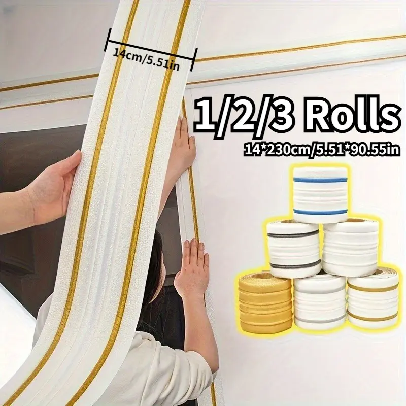 1/2/3 Rolls Oversized Self-Adhesive Removable Wallpaper Trim Strips - Waterproof & XPE Foam Corner Molding, Decorative Border Lines for Ceiling & Walls (90.5"x5.5"), DIY Home Decoration, Elegant Trim Design, Durable Trim Material