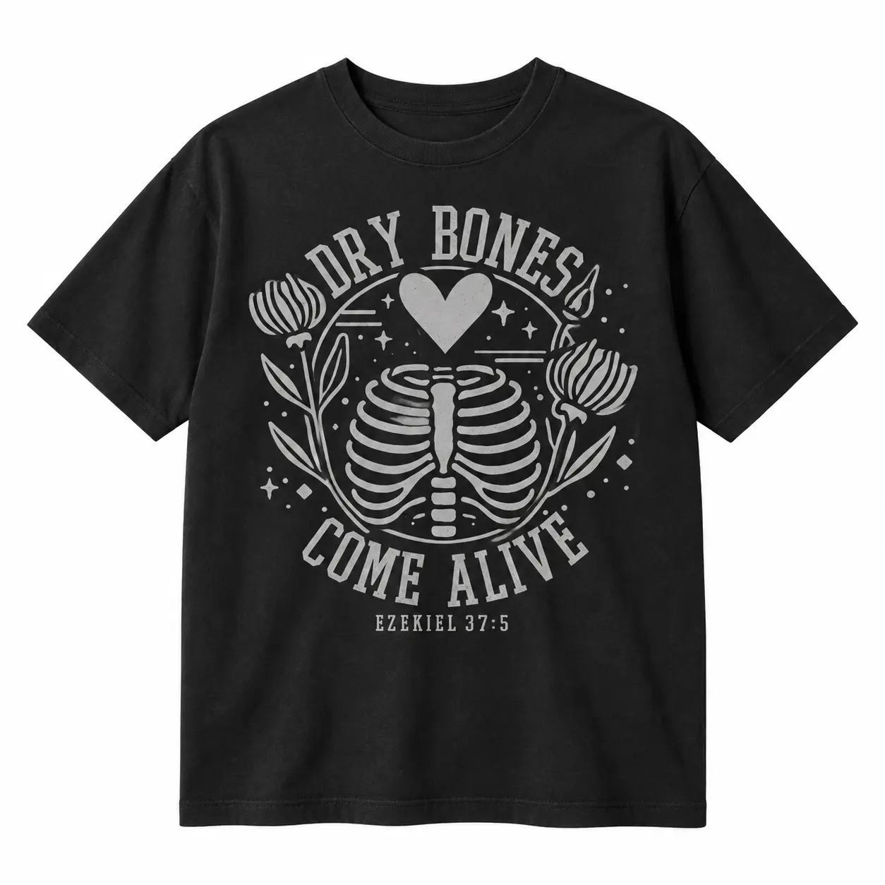 Christian Casual Streetwear Top, Dry Bones Come Alive Ezekiel 37:5 Floral Ribcage Graphic Tshirt